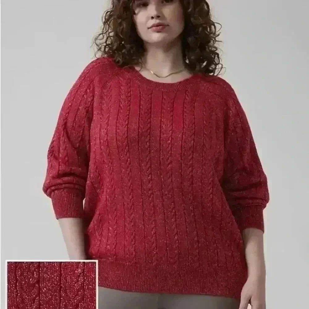 Athleta Crossroads Metallic‎ Holiday Sweater Red Cable Knit Merino Wool 2X